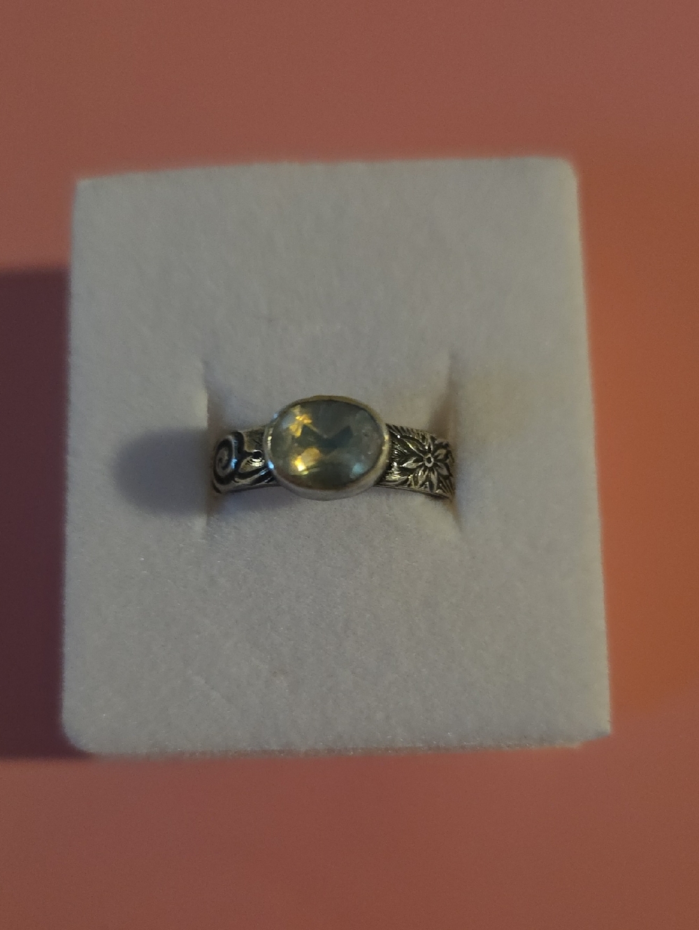 Sterling Silver Floral Band Ring with Pale Blue Gemstone